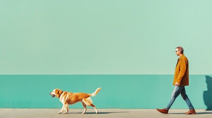 Man walking dog along aqua wall