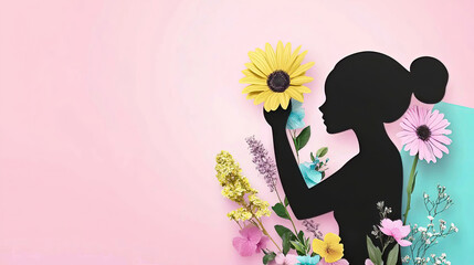 Wall Mural - Women's Day highlights unity through advocacy promoting equality and empowerment. Elegant Silhouette with Floral Arrangement on Soft Background