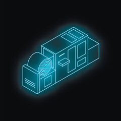 Poster - Glowing printing machine processing roll of paper in dark room, isometric view