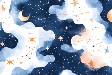 Wall Mural - Celestial Watercolor Night Sky Design Featuring Stars Constellations and Moon