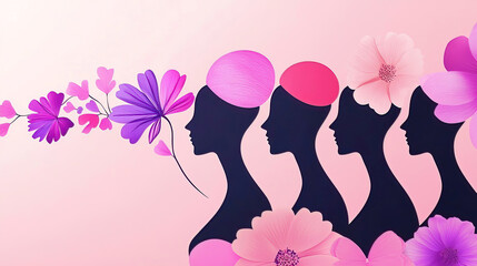 Wall Mural - Women's Day highlights unity through advocacy promoting equality and empowerment. Silhouettes of Women with Floral Elements on Pink Background