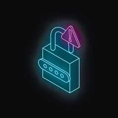 Poster - Glowing neon padlock with attention sign representing security warning in digital environment