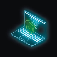 Poster - Neon laptop showing secure certificate with checkmark and shield floating above keyboard