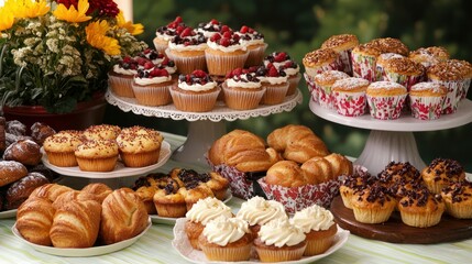 Wall Mural - A vibrant table full of bakery goods, including muffins, bread rolls, and tarts.