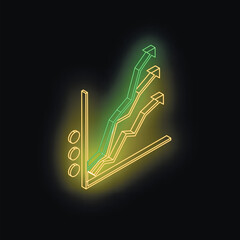Poster - Glowing neon chart indicating positive growth and upward trend in isometric view