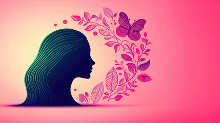 Wall Mural - Women's Day highlights unity through advocacy promoting equality and empowerment. Elegant Silhouette of a Woman Surrounded by Nature Elements