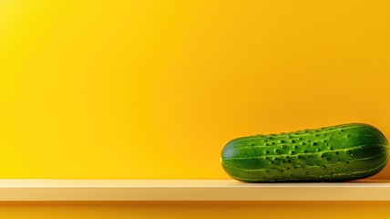 Wall Mural - Fresh green cucumber on yellow shelf and background