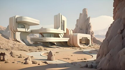 Poster - Retro futuristic architecture in sci-fi scene on the desert planet. Alien landscape with nostalgic retro future constructions