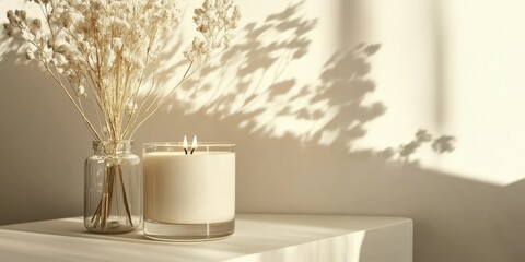 Wall Mural - Warm ambiance with candle and dried flowers in natural light