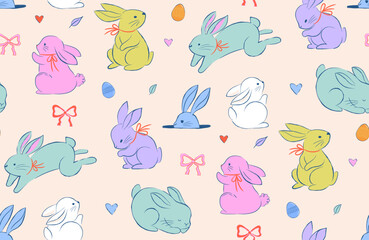 Wall Mural - easter seamless pattern design, easter background hand drawn sweet illustrations of bunnies, eggs, b