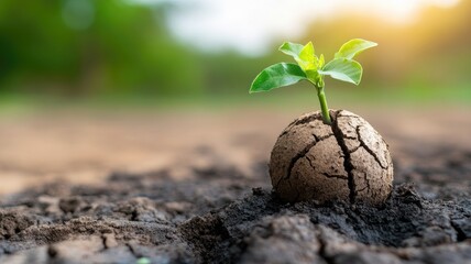 Wall Mural - Seedling growing from cracked soil under sunlight