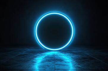 Aufkleber - Futuristic neon circle glowing in a blue lit environment with reflective floor surface