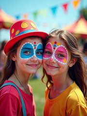 Poster - Young Girls With Painted Faces At A Colorful Carnival Were Created Using Innovative Generative Artificial Intelligence Technology. 00001