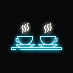 Wall Mural - Neon sign of two steaming cups of coffee on saucers, sitting on a tray, glowing on a black background