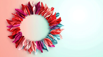 Wall Mural - Women's Day highlights unity through advocacy promoting equality and empowerment. Colorful Paper Wreath with Petal-Like Shapes on Background