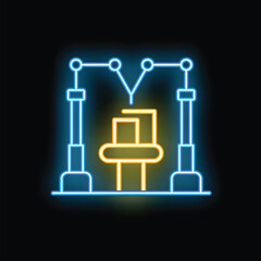 Poster - Neon sign showing a robotic arm picking up a cardboard box on a conveyor belt