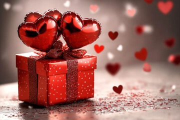 Wall Mural - red gift box with heart-shaped balloons tied to it, valentine's day
