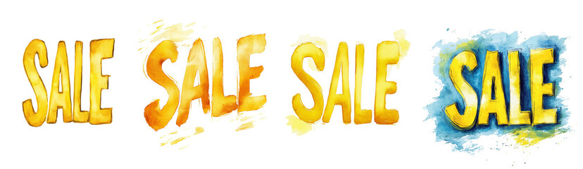 Poster - The image shows four variations of the word SALE painted in watercolor with different color palettes and background styles.