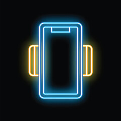 Poster - Glowing neon line smartphone with mobile phone holder for bike icon isolated on black background vector illustration