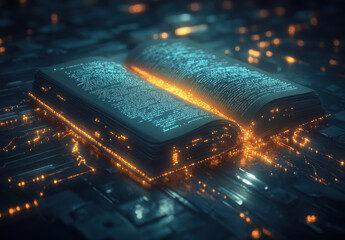 Poster - Glowing open book with digital pages illuminating a futuristic environment at night
