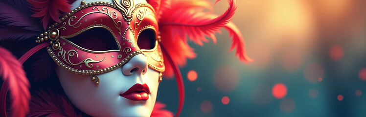 Aufkleber - Poster Design Featuring A Vibrant Venetian Carnival Mask With Bright Feathers And Bokeh Effect On A Warm Blurred Background. 00002