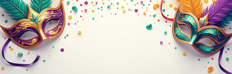 Poster - Mardi Gras Celebration Poster Features Venetian Masks, Colorful Feathers, And Confetti On A Light Background For A Festive Carnival Vibe. 00002
