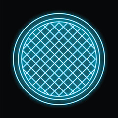 Wall Mural - Blue neon circle glowing with grid pattern inside on a black background