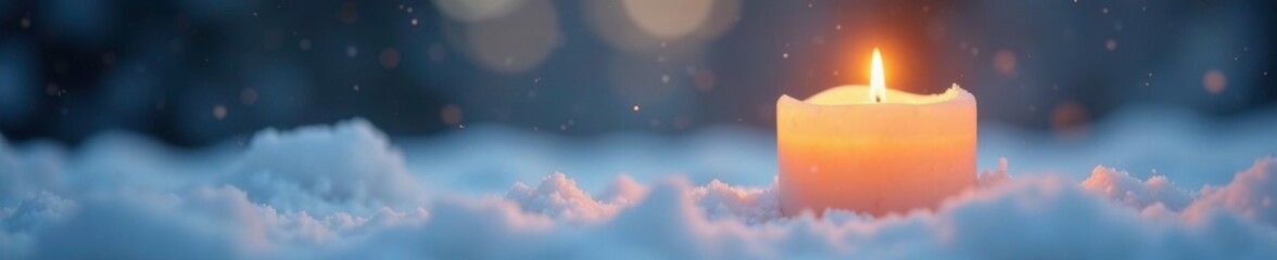 Wall Mural - Gentle warmth from a white candle in the snow, serene, snow, gentle warmth