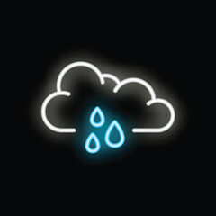 Poster - Blue neon sign depicting a cloud raining three raindrops on a black background