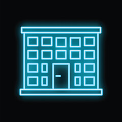 Poster - Glowing neon office building with many windows on black background