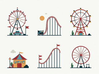 Poster - Icon Set For Amusement Parks Featuring Simple Vector Illustrations Of Iconic Rides Like Roller Coasters And Ferris Wheels. 00001