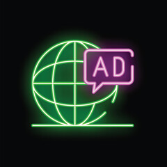 Poster - Glowing neon illustration of a green world globe with a purple chat bubble showing the text ad