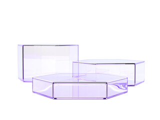 Poster - 3d glass holographic transparent hexagon and rectangle box podium display with light dispersion png render. Crystal light purple gradient pedestal for cosmetic product, platform stand. 3D illustration