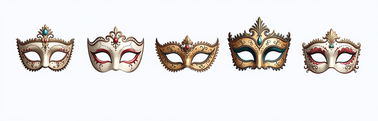 Aufkleber - Elegant Venetian Masks Stand Alone Against A Clean White Background In Various Shapes And Designs Of Artful Beauty. 00001