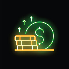 Poster - This neon style icon represents the concept of investment growth with its increasing stack of coins and dollar sign