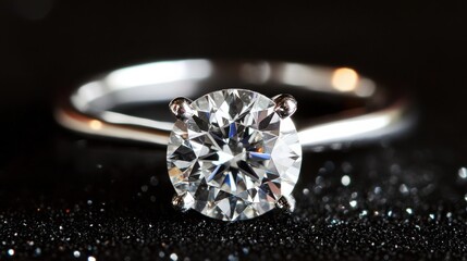 Poster - Close-up of a sparkling diamond engagement ring on a shimmering dark background