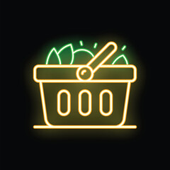 Poster - Neon shopping basket full of fresh groceries glowing on black background