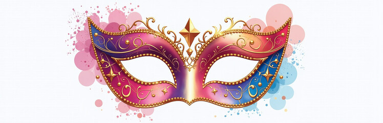 Aufkleber - Colorful Masquerade Mask With Golden Details, Softly Blurred Against A White Background In A Watercolor Generative Ai Art Style Illustration. 00001