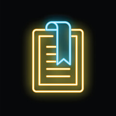 Poster - Glowing neon line bookmark icon isolated on black background. Vector illustration