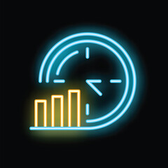 Poster - Neon sign representing time management with clock and growing bars on black background