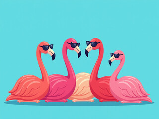 Poster - Colorful Flamingos In Sunglasses Sit Together On A Bright Blue Background, Part Of A Playful And Fun Group. 00002