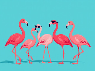 Poster - Colorful Flamingos In Sunglasses Sit Together On A Bright Blue Background, Part Of A Playful And Fun Group. 00001
