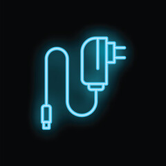 Poster - Bright blue neon sign of a phone charger glowing on a black background