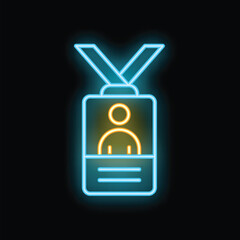 Poster - Glowing neon line identification card badge icon isolated on black background, vector illustration