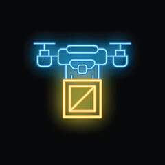 Poster - Neon sign representing a drone carrying a package, perfect illustration for delivery businesses