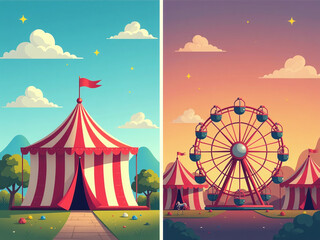 Poster - Carnival Funfair Vector Banners Feature A Colorful Design With A Big Top, Carousel, And Ferris Wheel In Day And Evening Light. 00002