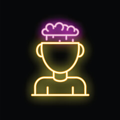 Poster - Neon sign illustrating the process of thinking, with a brain raining clouds inside a human head