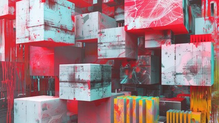 Poster - Abstract digital cubes with pink and blue glowing effects. Digital artwork of 3D rendering geometric shapes with vibrant colorful color. Technology and data visualization concept. Texture. AIG53.