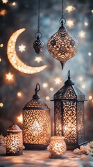 Canvas Print - beautifully crafted lanterns illuminating a night sky with stars and a crescent moon, creating a ser