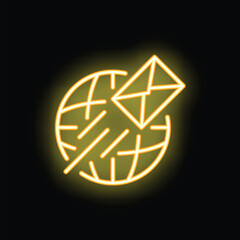 Poster - Bright glowing neon yellow icon of an envelope flying around the world